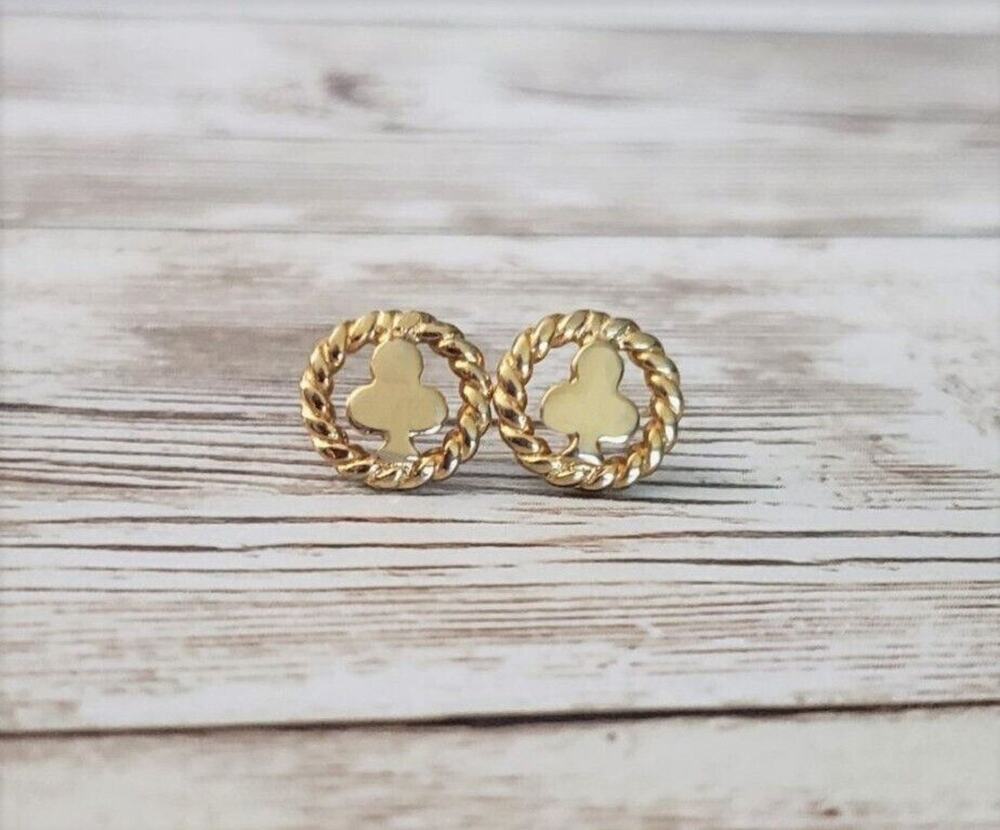 Vintage Stud Earrings - Small Clover Leaf With Halo Gold Tone